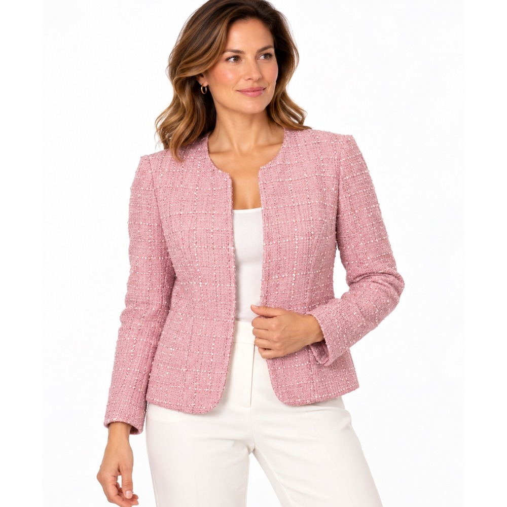 Anne Klein Pink Tweed Open Front Blazer Jacket Shore Blue NWT Small